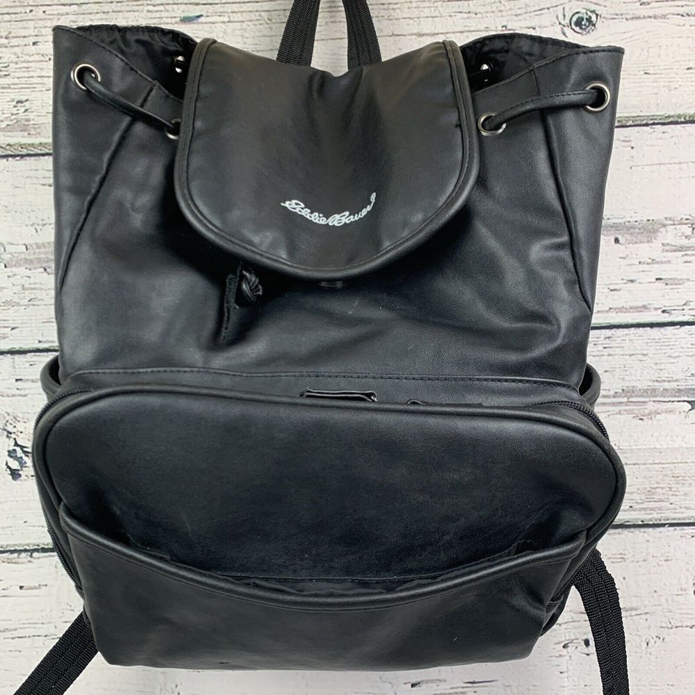 Eddie Bauer Black Faux Leather Backpack Versatile Travel Daypack Diaper Bag